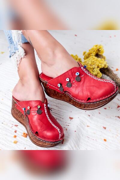 Limoya Hakiki Deri Annika Kırmızı Antik Ve Nazar Boncuğu Detaylı Dolgu Comfor...