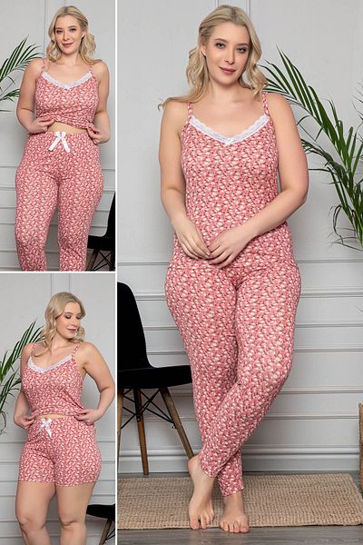 MyBen Women's Pink Lace Detailed Pajama Set with Shorts and Tights, Set of 3 80010