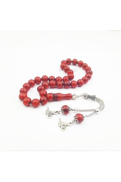 PİGADO Двойна тугра с пискюли, сферично изрязани, червени синтетични кехлибар...