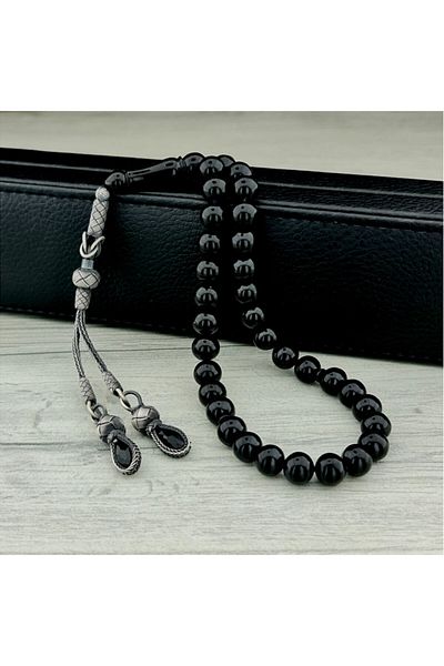 Tesbihsepetim Black Silver Tasseled Kazaz Rosary - Fire Amber