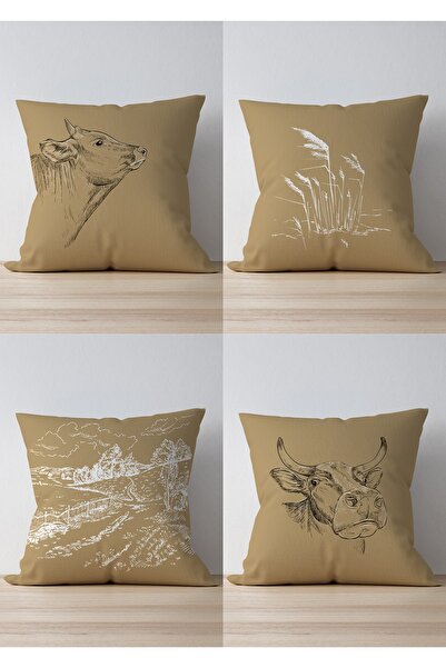 Pilloveland Çift Tarafı Baskılı Pastoral Desenli 4'lü Süet Kırlent Kılıfı