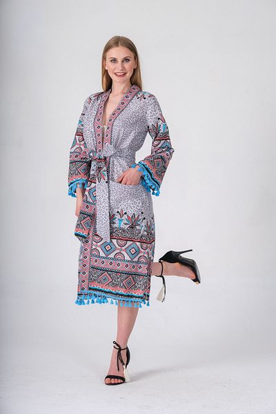 İna Women's Voile Fabric Cotton Kimono Tassel Detailed Long Pareo and Beach Dress