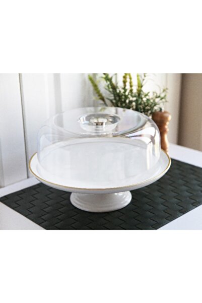 Keskinbıçak Seramik Ayaklı Kek Fanusu Beyaz Gold