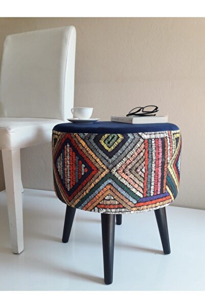 WEBPANYA Gürgen Retro Ahşap Ayaklı Dekoratif Etnik Üst Lacivert Desenli Puf B...