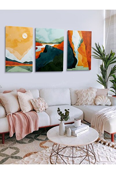 KanvasSepeti 3lü Set Boho Bohem Bohe Retro Art Soyut Tablo Dekoratif Kanvas T...