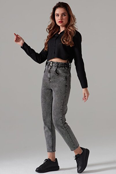 fehika Pantaloni de damă, antracit, spălați cu zăpadă, cu talie elastică, blu...