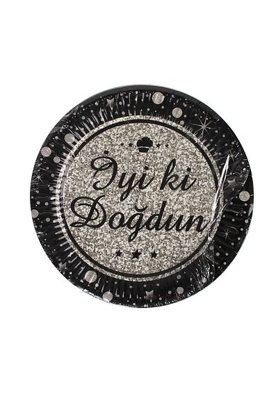Kına Atölyesi Birthday Hapy Brithday Plate Black Silver 8 Pieces Silver