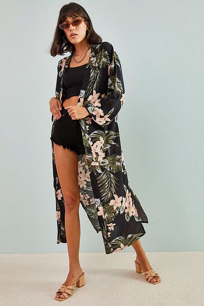 Bianco Lucci Mehrfarbig gemusterter Damen-Kimono mit Gürtel