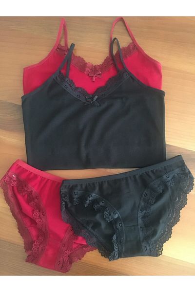 LEYNA BUTİK Women's Burgundy Black 2 Pieces String Strapped Athlete Panties Set