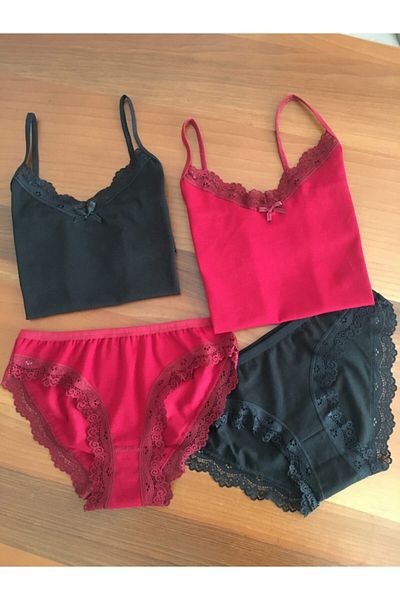 LEYNA BUTİK Women's Burgundy Black 2 Pieces String Strapped Athlete Panties Set