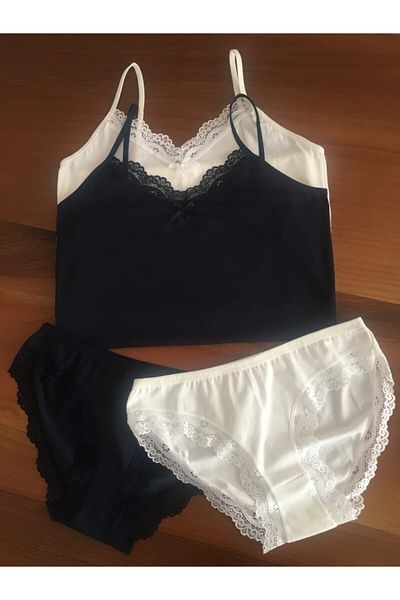 LEYNA BUTİK Women's Ecru-Navy Blue 2-Piece Rope Strap Athlete Panties Set