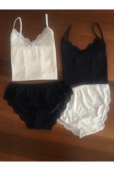 LEYNA BUTİK Women's Ecru-Navy Blue 2-Piece Rope Strap Athlete Panties Set