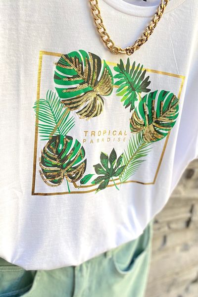 FEMELLE Tricou alb din bumbac cu paiete Tropical Leaf pentru femei