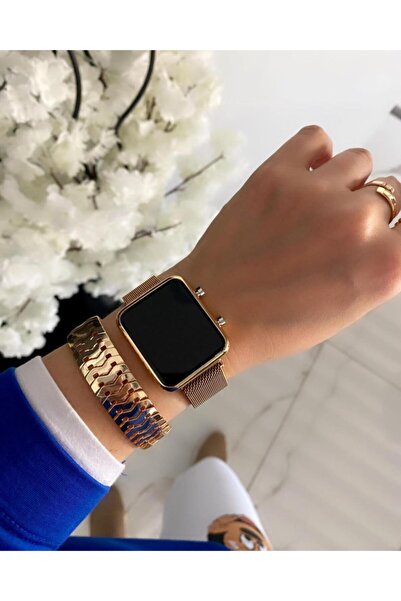 İSTLİV Rose Gold Renk Hasır Mıknatıslı Kordon Led Ekran Unisex Kol Saati