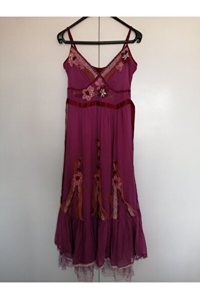 Butik Tülin Otantik Ipek Şifon Mor Aplike Çiçekli Nakışlı Uzun Elbise