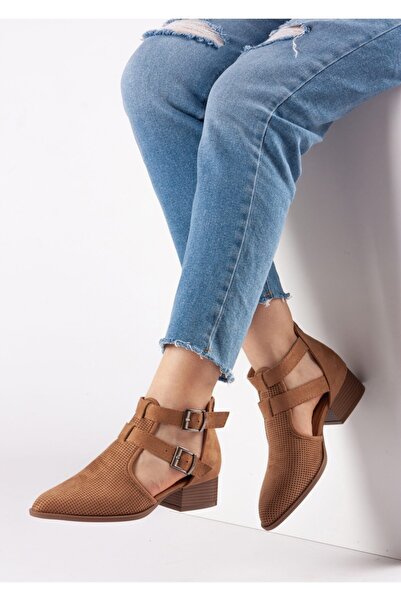 Bej Ayakkabı Moli Women's Laser Cut Double Buckle Camel Color Shoes with Back Zipper
