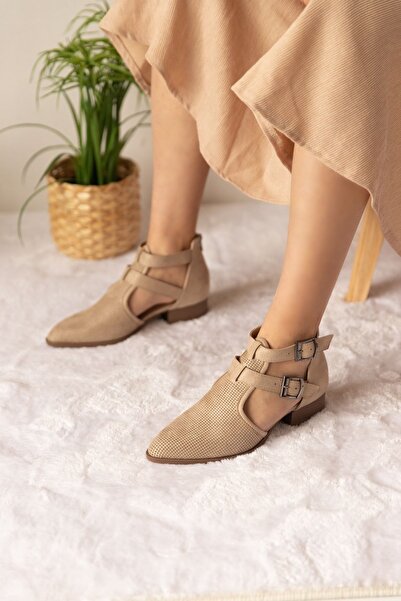 Bej Ayakkabı Moli Women's Laser Cut Double Buckle Back Zipper Tan Shoes