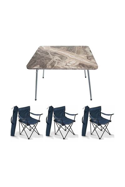 Mocca Style 60x80 Katlanır Mermer Masa+ 3 Adet Mavi Rejisör, Sandalye Piknik ...