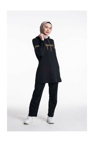 CNG MODA Women's Hooded Glitter Stripe Tracksuit Set Black