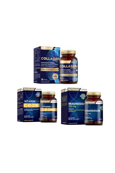 Nutraxin Hydrolyzed Collagen Hyaluronic Acid 30 Tablets + Vitamin Max(c,d,Zinc)60 Tablets + Magnesium 60 Tablets
