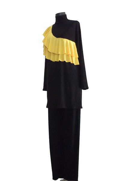 eflin Women's Clothing Large Size Yellow Cross Valon Full Covered Hijab Swimsuit Black Bonnet Included