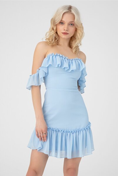 BERFUĞ KIRAN Omuzları Düşük Etek Ucu Volanlı Elbise