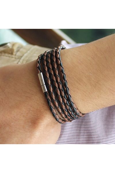 Gogoey Men's Bracelet Genuine Leather Black Knitted Long Wrap
