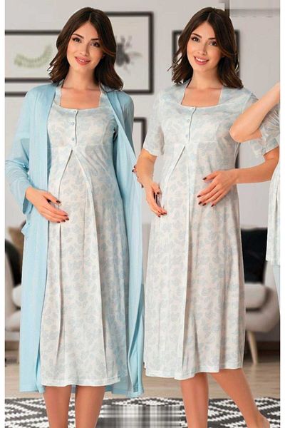 Effortt Women's Blue Maternity Nightgown Dressing Gown Pajamas Set of 4