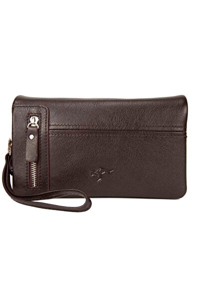 KANGAROO KINGDOM Erkek Portföy El Çantası Clutch Hakiki Dana Deri Koyu Kahver...