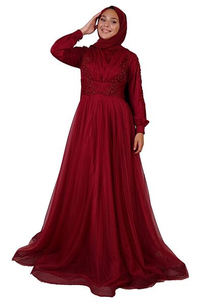 SpringStore Rochie de Seara din Tulle Hijab Brodat Cherry Stone
