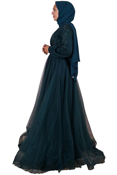 SpringStore Rochie de seara din tul cu hijab cu piatra de smarald brodata