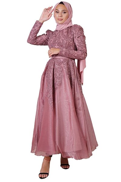 SpringStore Rochie de seara musulmana cu sclipici trandafir de lungime medie
