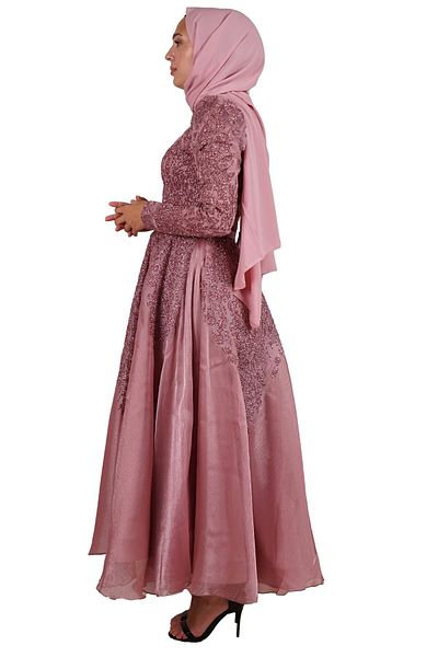 SpringStore Rochie de seara musulmana cu sclipici trandafir de lungime medie