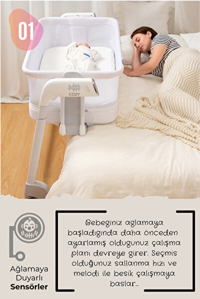 Kiwi Cozy Premium 3in1 Ağlamaya Duyarlı Anne Yanı Beşik, Park Yatak White Noise ile Kesintisiz Uyku