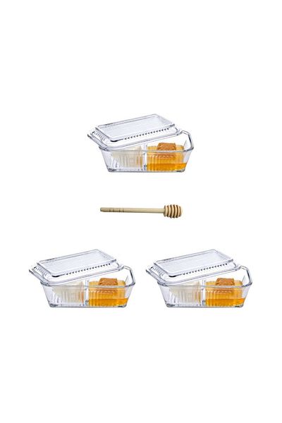 Paşabahçe 3 Pieces Frigo Compartment Storage Set - Jam Bowl, Fish, Breakfast + Baran Wooden Honey Spoon