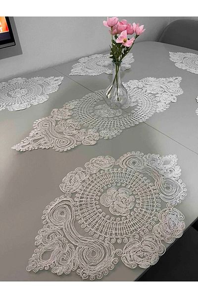 Çt Çeyizci Tekstil American Placemat, 1 Runner 6 Plate Food Service Set, Tablecloth Set, Service Presentation Set - Ecru