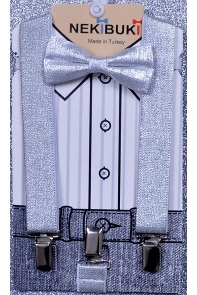 NEKİBUKİ 1-9 Years Silver Glitter Trousers and Suspender Bow Tie Set