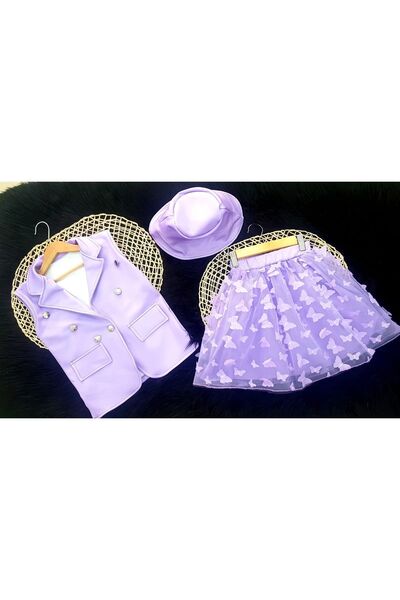 KOKOSH Kız çocuk kelebekli etek yelek crop ve şapka takımı 4lü