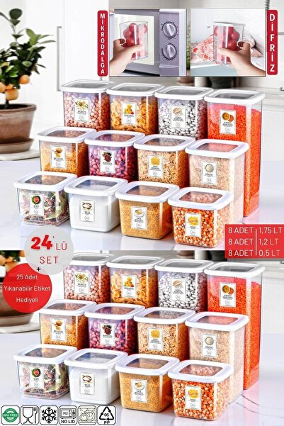 Nandy Home White X8 Storage Set of 24 - Unbreakable Square, Labeled, 1.75/1.2/0.5 Lt