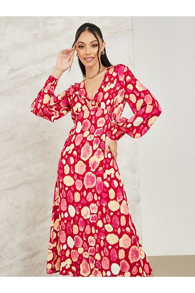 Styli Abstract Print V Neck Midi Dress with Long Sleeve