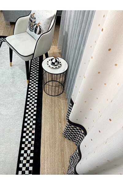 Brillant Pilesiz Ekstraforlu Damalı Fon Perde - Bej-siyah