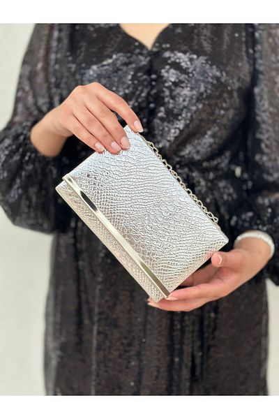 Sh Poly Clutch pentru rochie de seara din argint crocodil - Geanta tip portofoliu