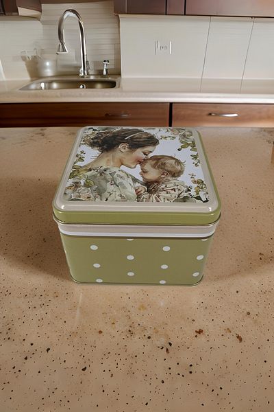 EVLE Mom Patterned My Dear Square Metal Storage Container - 15.8 x 15.8 x 8.7 cm, 2.2 lt