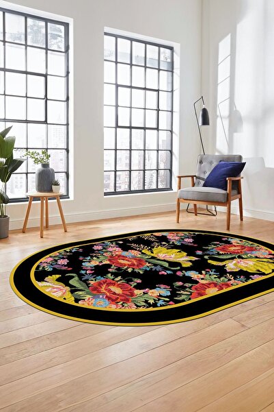 EY HOME Çiçek Desenli Dijital Kaymaz Taban Yıkanabilir Oval Yolluk Mutfak Sal...