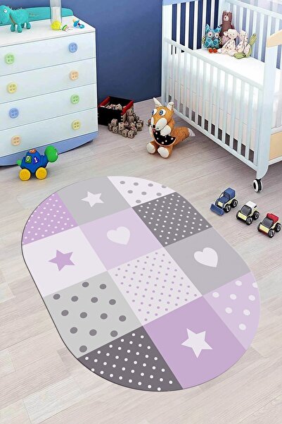 EY HOME Dijital Baskılı Kaymaz Taban Yıkanabilir Yıldız Kalp Desenli Oval Çoc...