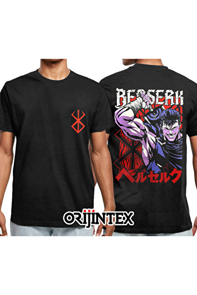 orijintex Berserk Anime Front Back Printed Unisex Black Tshirt