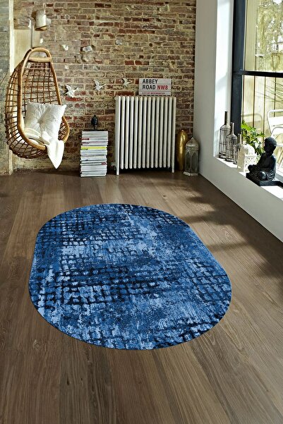 Napoli Home Dijital Baskılı Kaymaz Taban Yıkanabilir Sade Oval Yolluk Mutfak Salon Halısı, N-O-SADE-16-MAVİ,