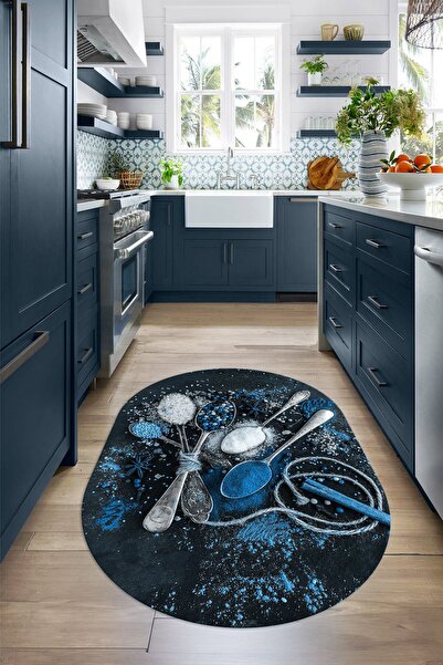 Napoli Home 3D Dijital Baskılı Kaymaz Yıkanabilir Renkli Modern Oval Mutfak Halısı, N-O-MUTFAK-19-MAVİ,