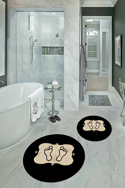 Napoli Home Ψηφιακό σετ μπάνιου με τύπωμα με αντιολισθητικό σχέδιο ποδιών, που πλένεται, στρογγυλό διπλό σετ μπάνιου, N-Y-KLOZET-20-GOLD,