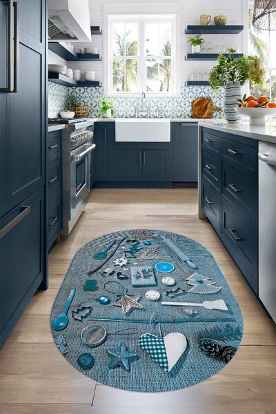 Napoli Home 3D Dijital Baskılı Kaymaz Yıkanabilir Renkli Modern Oval Mutfak Halısı, N-O-MUTFAK-16-MAVİ,
